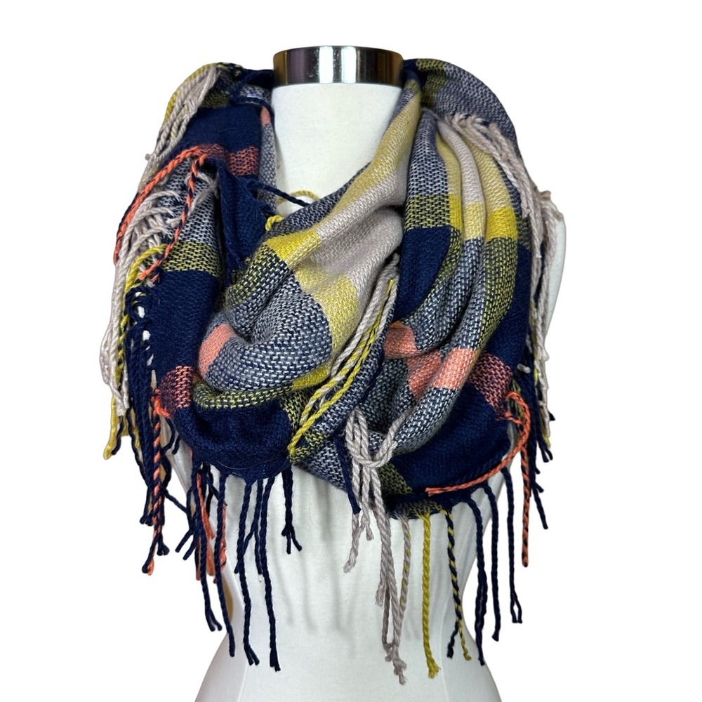 Acrylic Fall Plaid Soft Fringe Winter Comfy Warm Infinity Loop Scarf Tan Blue